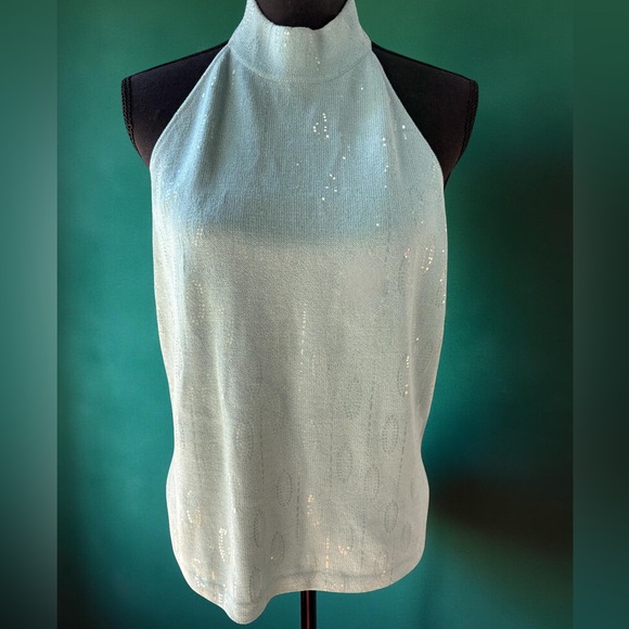 ST JOHN COUTURE sparkling teal blue Halter top SZ 12 - Picture 1 of 10
